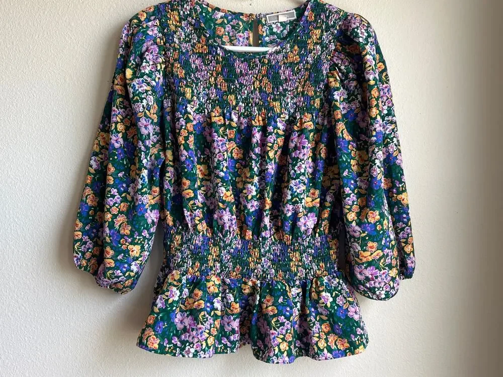 Pleione Green Floral Smocked Peplum Blouse Keyhole Back Puff Sleeve Size Medium